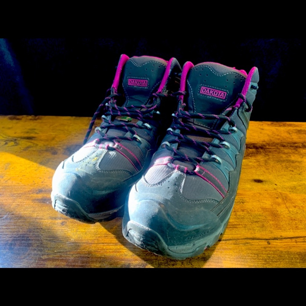 Black and Pink Lace Up Boots with Rugged Design and Ankle Support